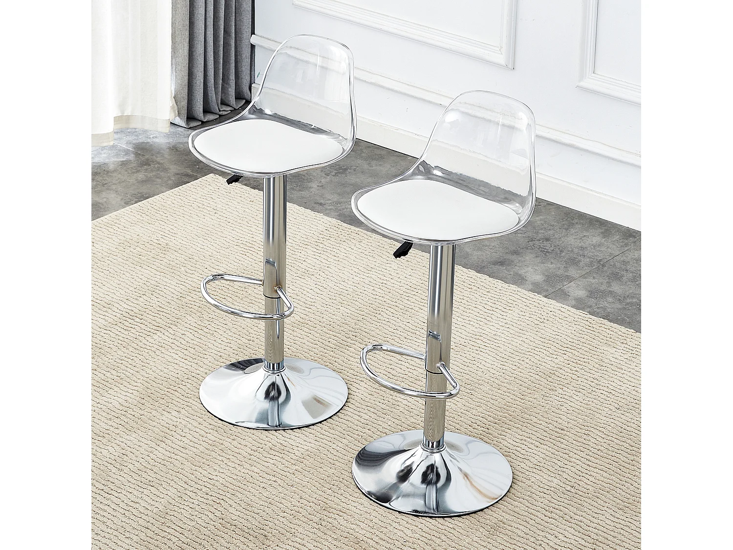 Juego de 2 taburetes de bar con respaldo transparente - Altura ajustable - Patas de metal plateado