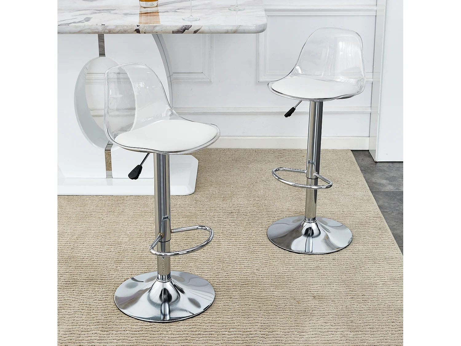 Lot de 2 tabourets de bar avec dossiers transparents - Hauteur réglable - Pieds en métal argenté