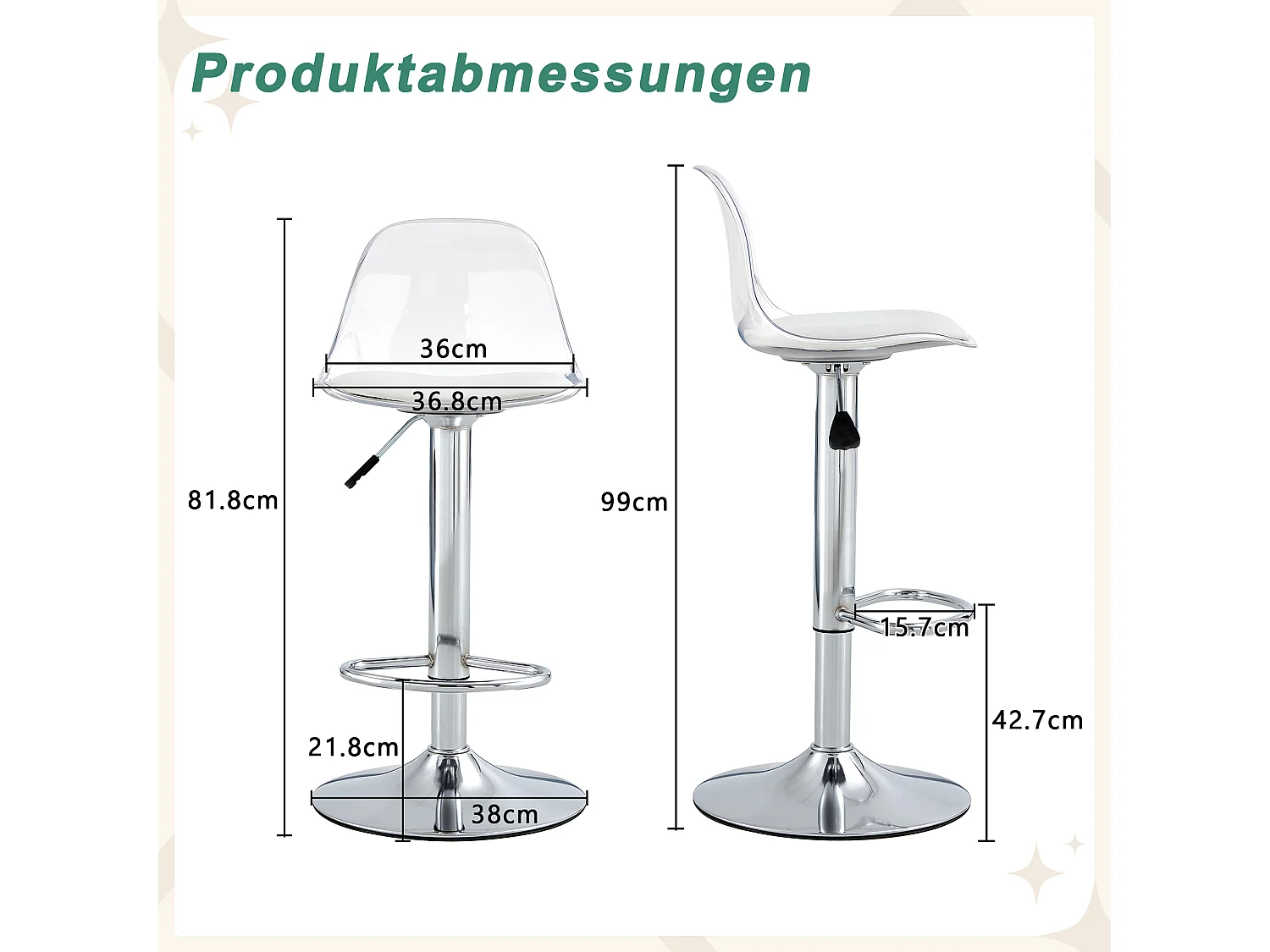 Lot de 2 tabourets de bar avec dossiers transparents - Hauteur réglable - Pieds en métal argenté
