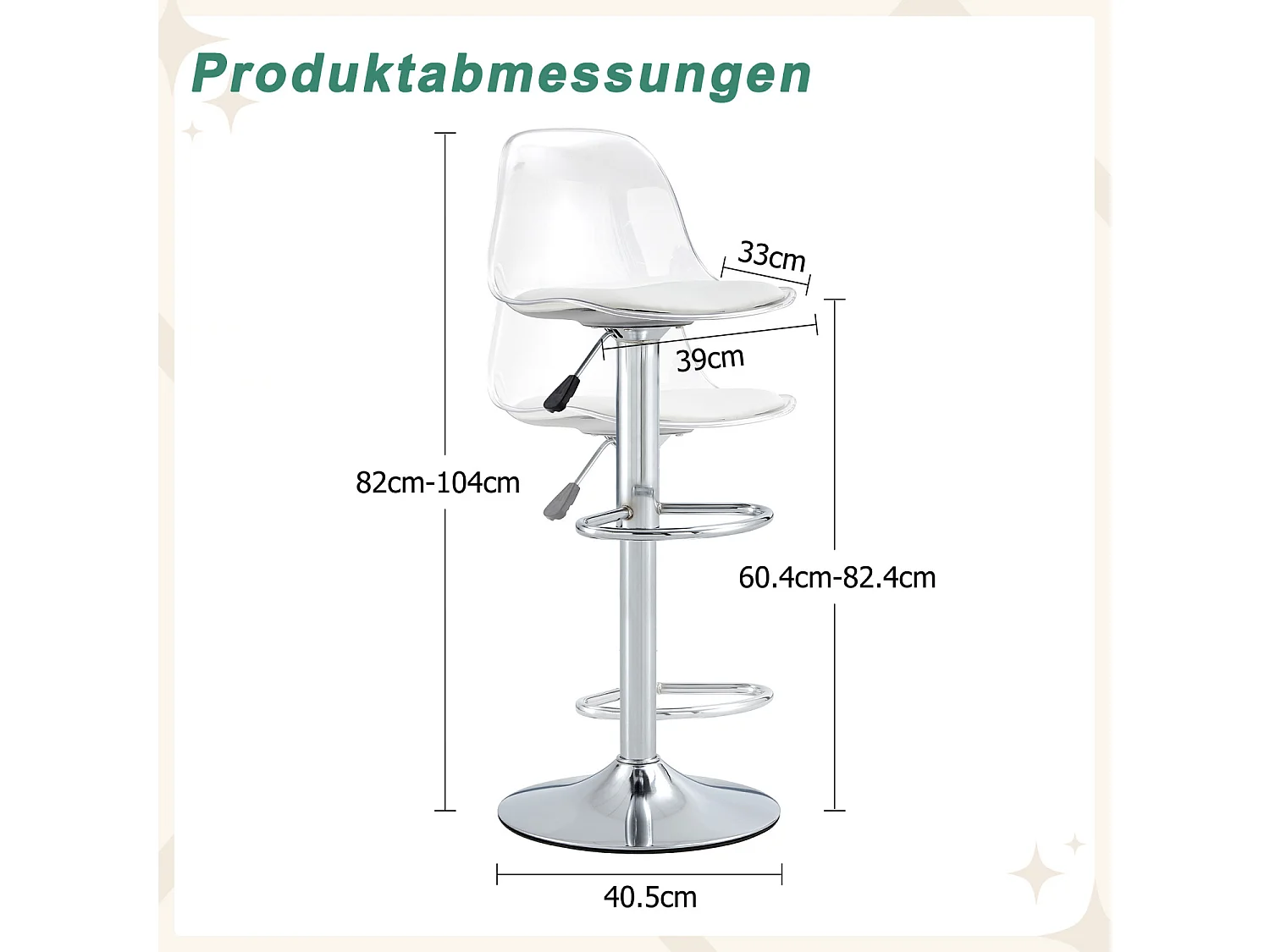 Lot de 2 tabourets de bar avec dossiers transparents - Hauteur réglable - Pieds en métal argenté