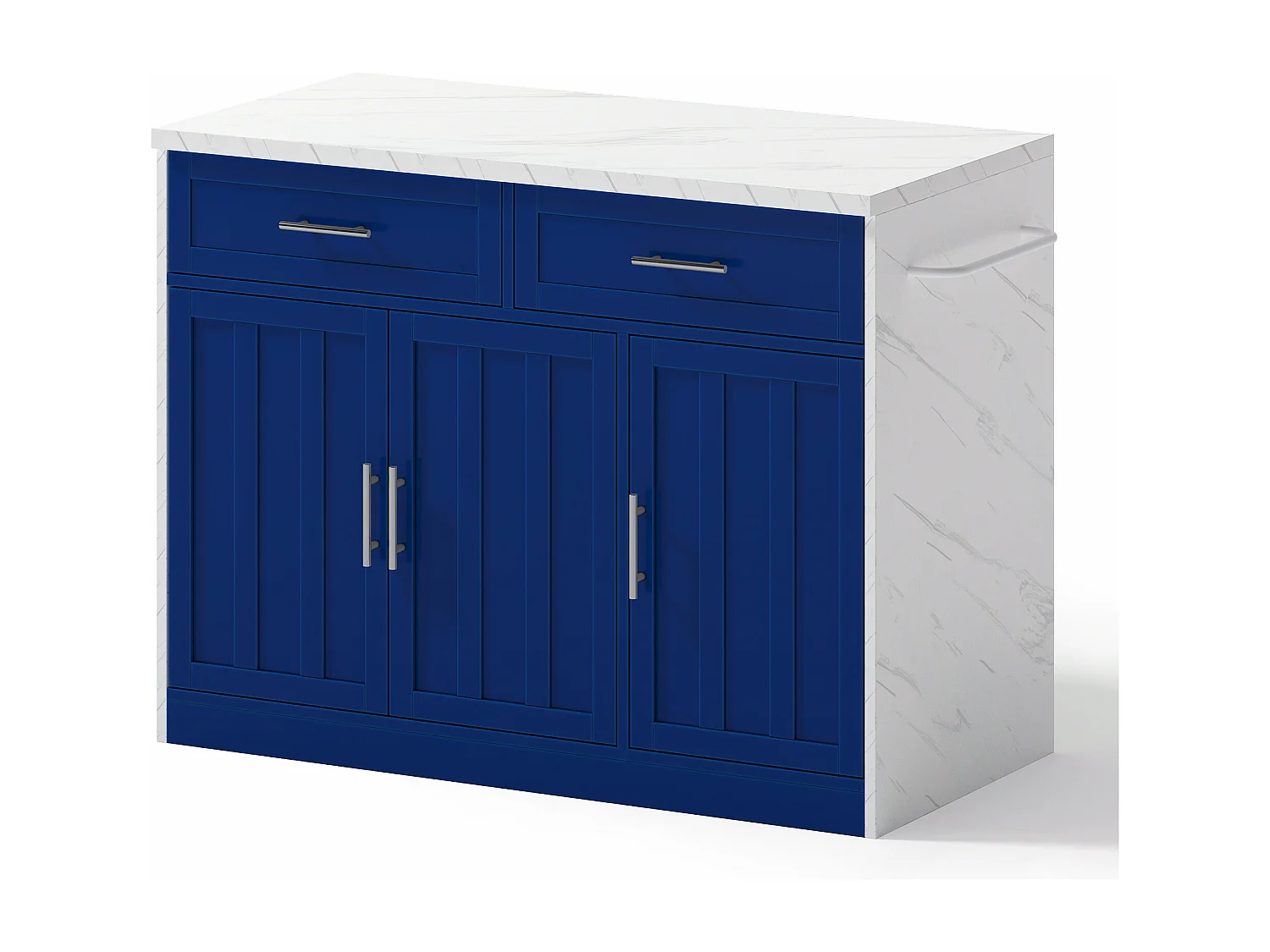 Isla de cocina con 3 puertas, 2 cajones y puerto USB - Efecto mármol blanco - Azul