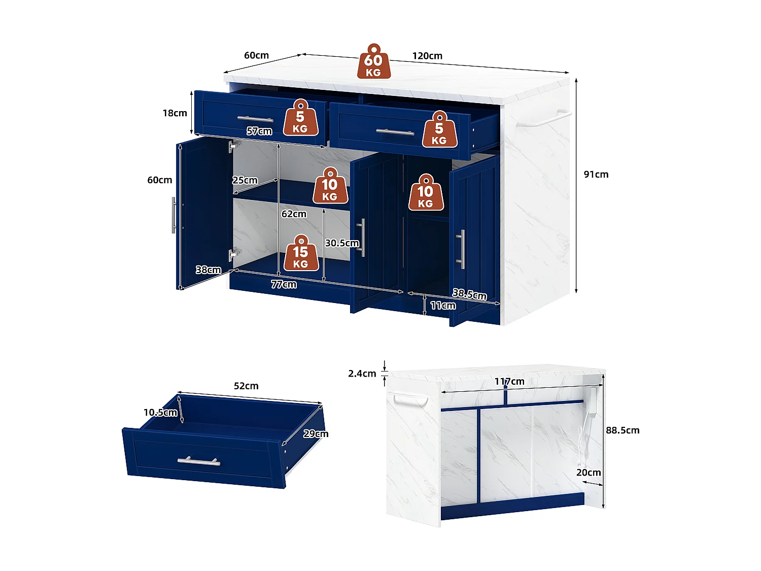 Îlot central de cuisine avec 3 portes ,2 tiroir et USB - Effet marbre blanc - Bleu