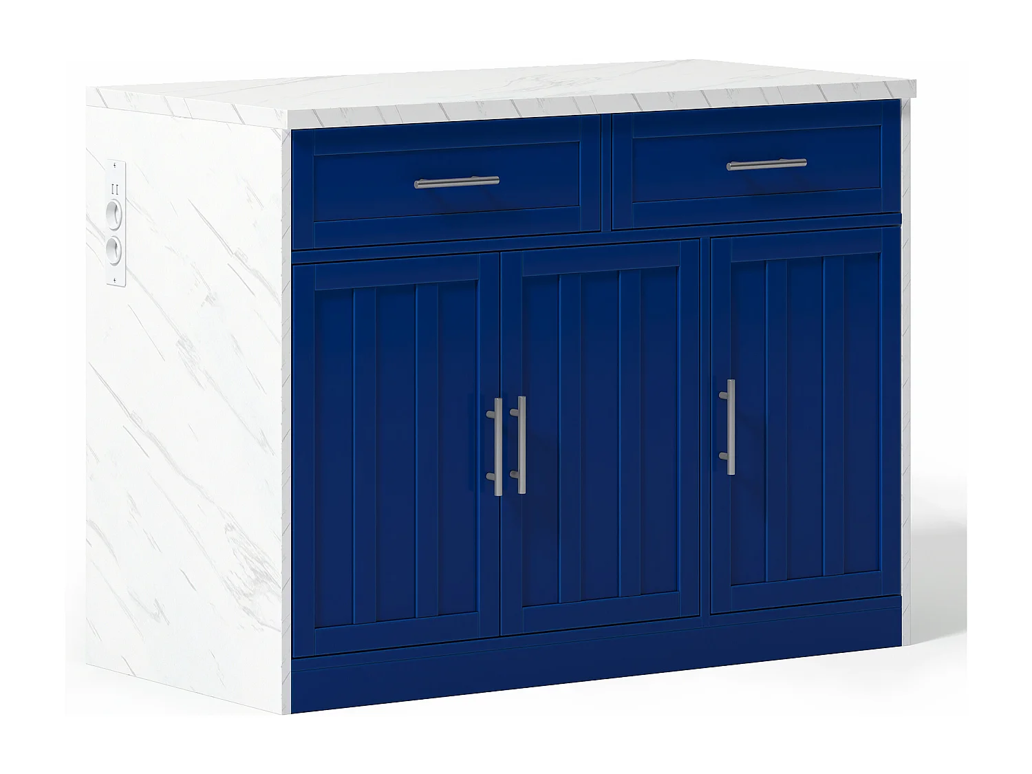 Îlot central de cuisine avec 3 portes ,2 tiroir et USB - Effet marbre blanc - Bleu