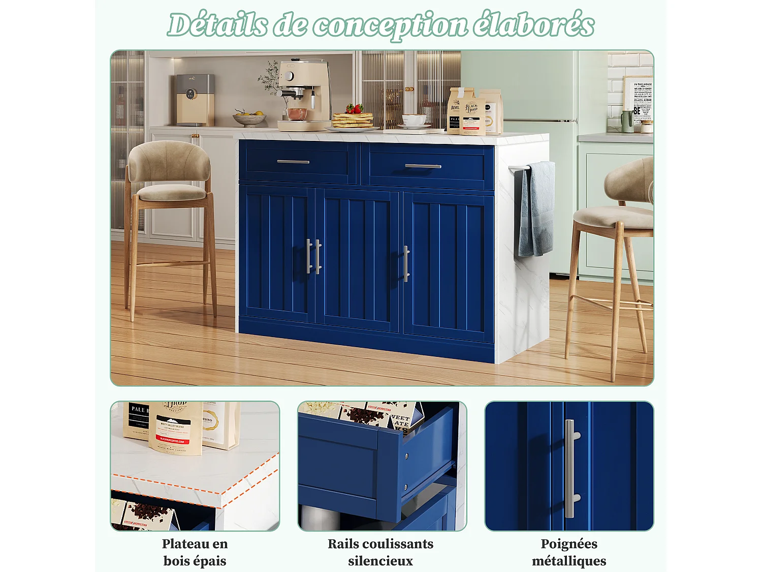 Îlot central de cuisine avec 3 portes ,2 tiroir et USB - Effet marbre blanc - Bleu