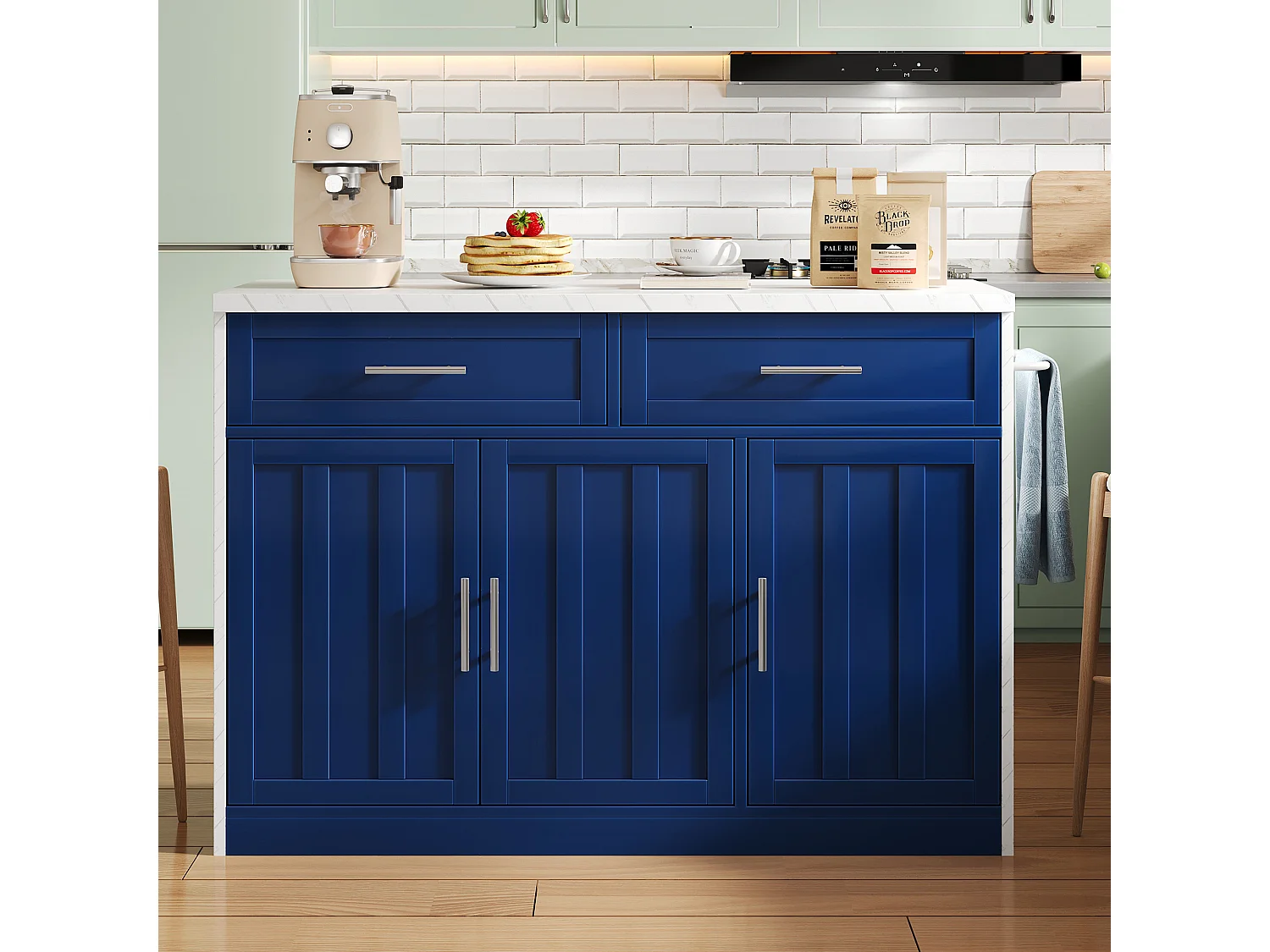 Îlot central de cuisine avec 3 portes ,2 tiroir et USB - Effet marbre blanc - Bleu