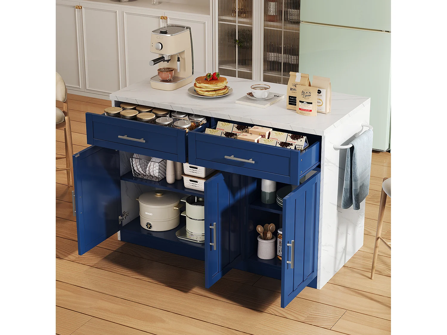 Îlot central de cuisine avec 3 portes ,2 tiroir et USB - Effet marbre blanc - Bleu