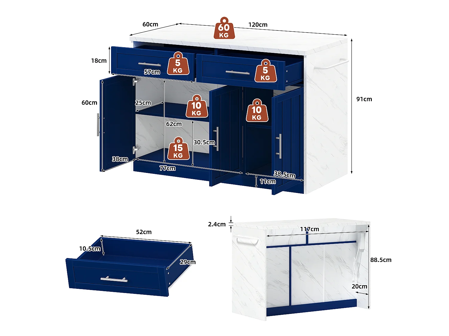 Îlot central de cuisine avec 3 portes ,2 tiroir et USB - Effet marbre blanc - Bleu