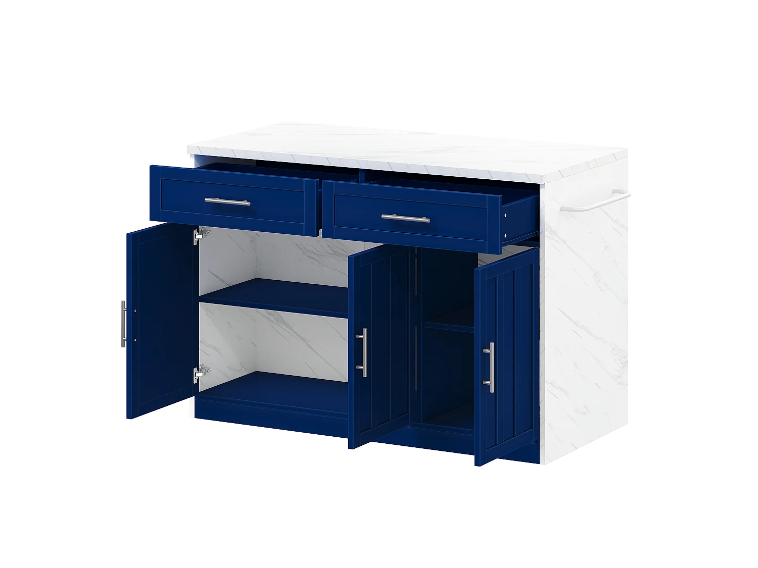 Îlot central de cuisine avec 3 portes ,2 tiroir et USB - Effet marbre blanc - Bleu