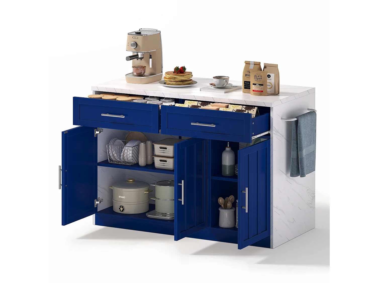 Îlot central de cuisine avec 3 portes ,2 tiroir et USB - Effet marbre blanc - Bleu