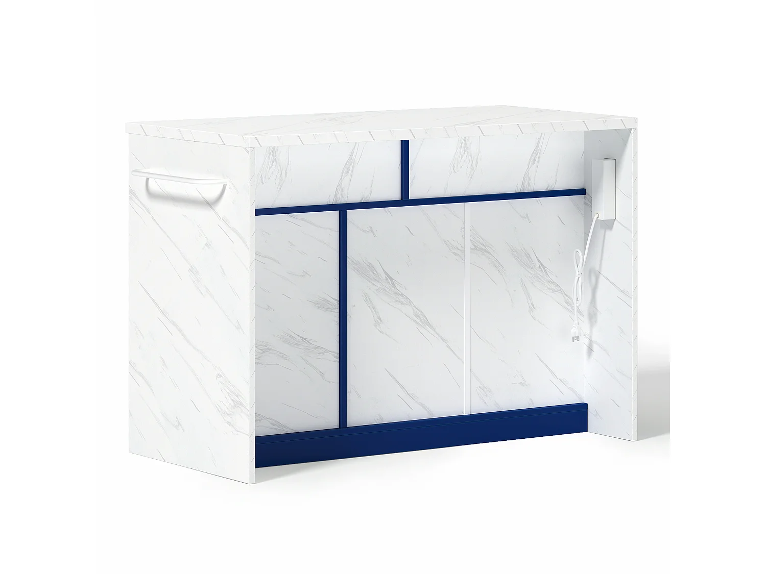 Îlot central de cuisine avec 3 portes ,2 tiroir et USB - Effet marbre blanc - Bleu