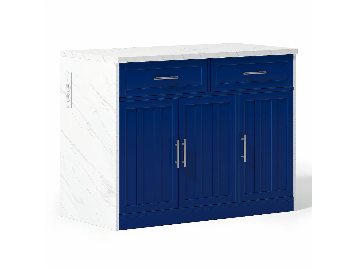 Îlot central de cuisine avec 3 portes ,2 tiroir et USB - Effet marbre blanc - Bleu