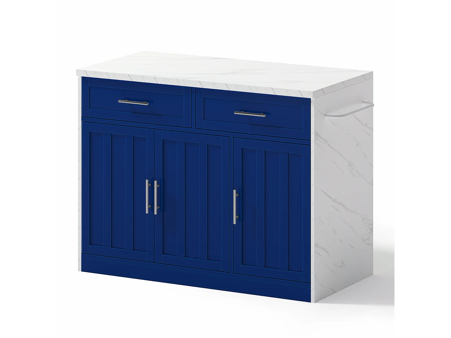 Îlot central de cuisine avec 3 portes ,2 tiroir et USB - Effet marbre blanc - Bleu