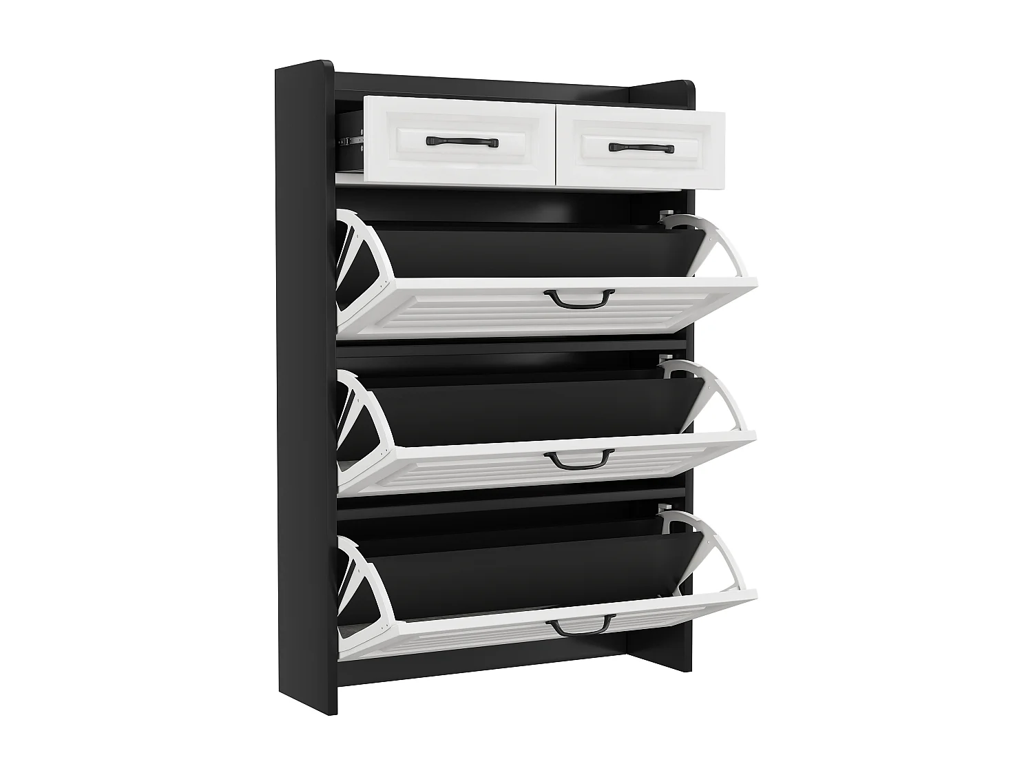 Meuble à chaussures avec 2 tiroirs et 3 portes - Poignées noir- Blanc+ noir