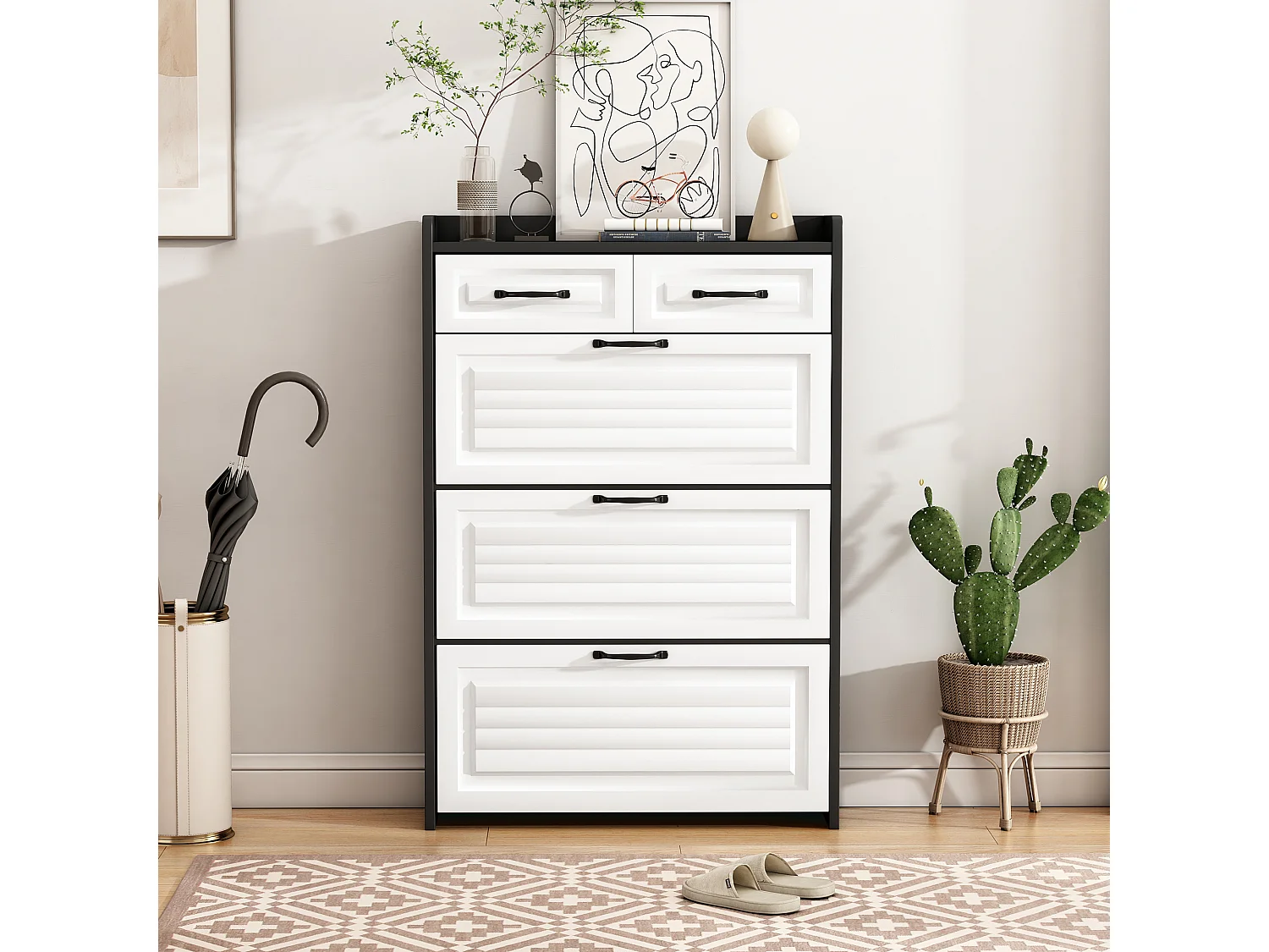 Schoenenkast met 2 lades en 3 deuren - Zwarte handgrepen - Wit + zwart