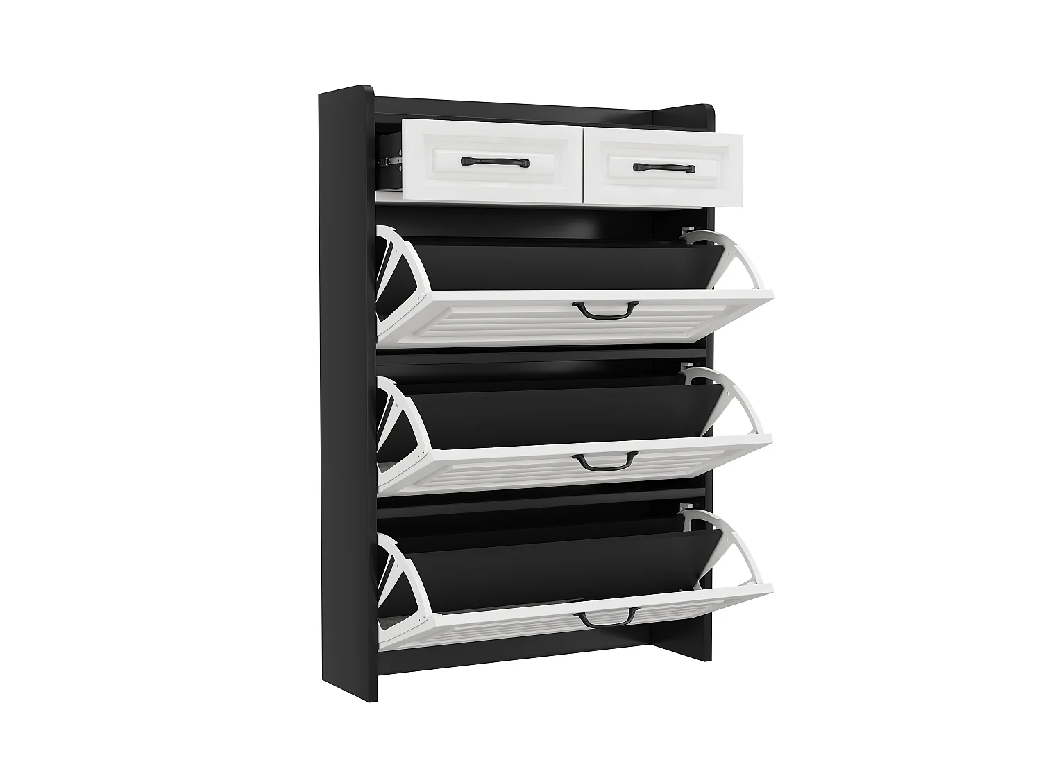 Meuble à chaussures avec 2 tiroirs et 3 portes - Poignées noir- Blanc+ noir