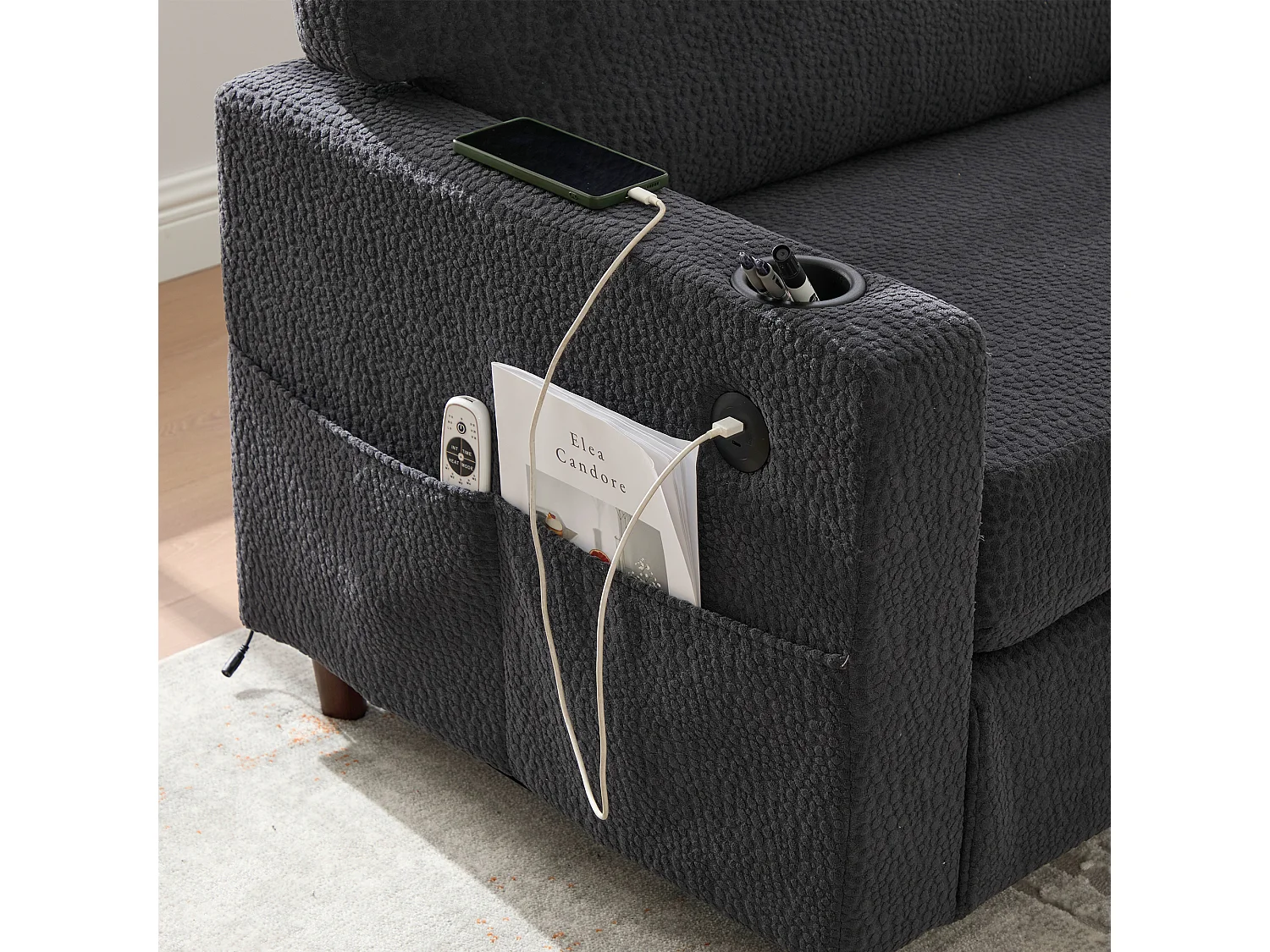 Canapé 2 places avec port USB-C, LED et poches latérales - Tissu chenille - Gris foncé