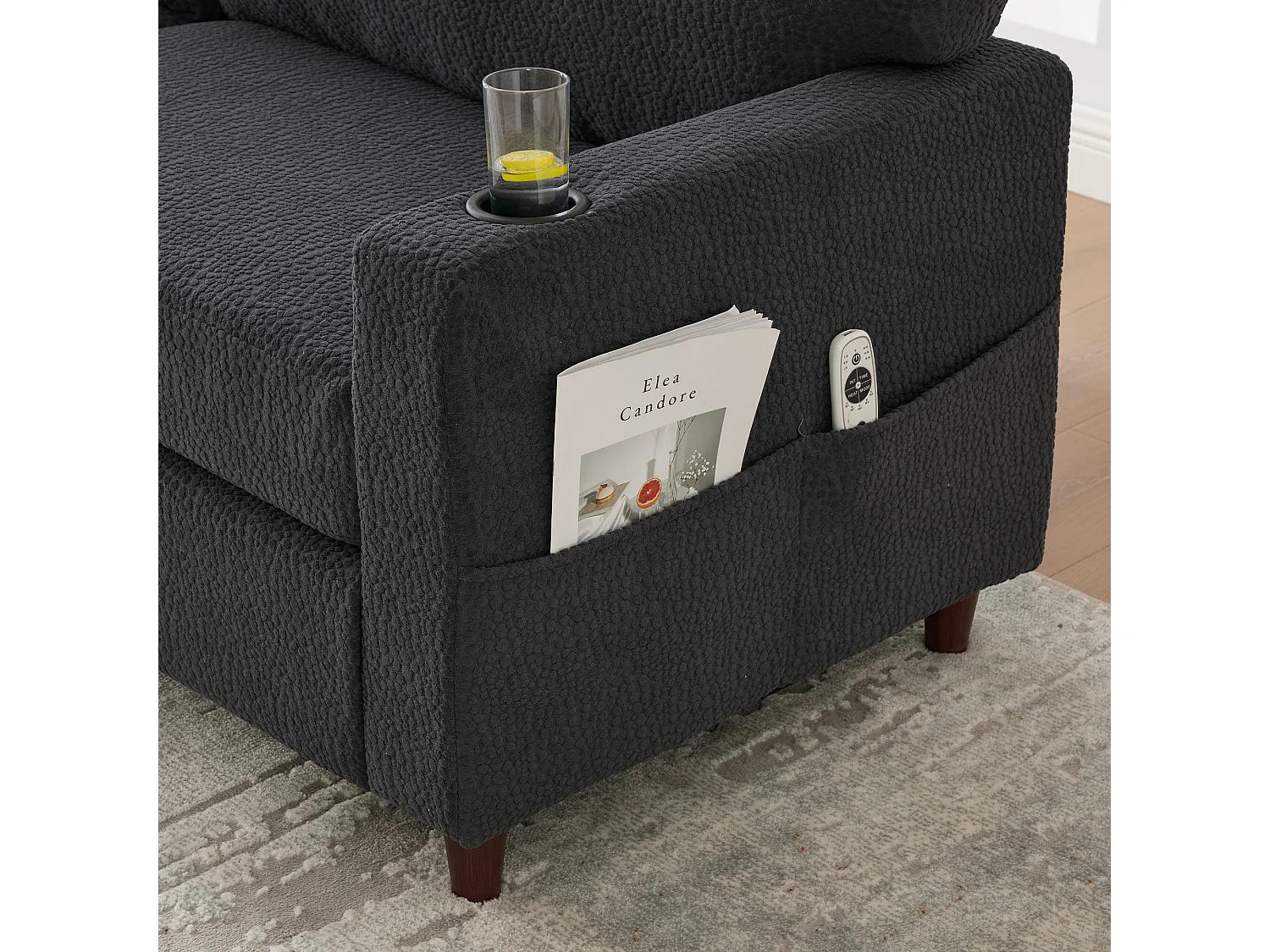 Canapé 2 places avec port USB-C, LED et poches latérales - Tissu chenille - Gris foncé