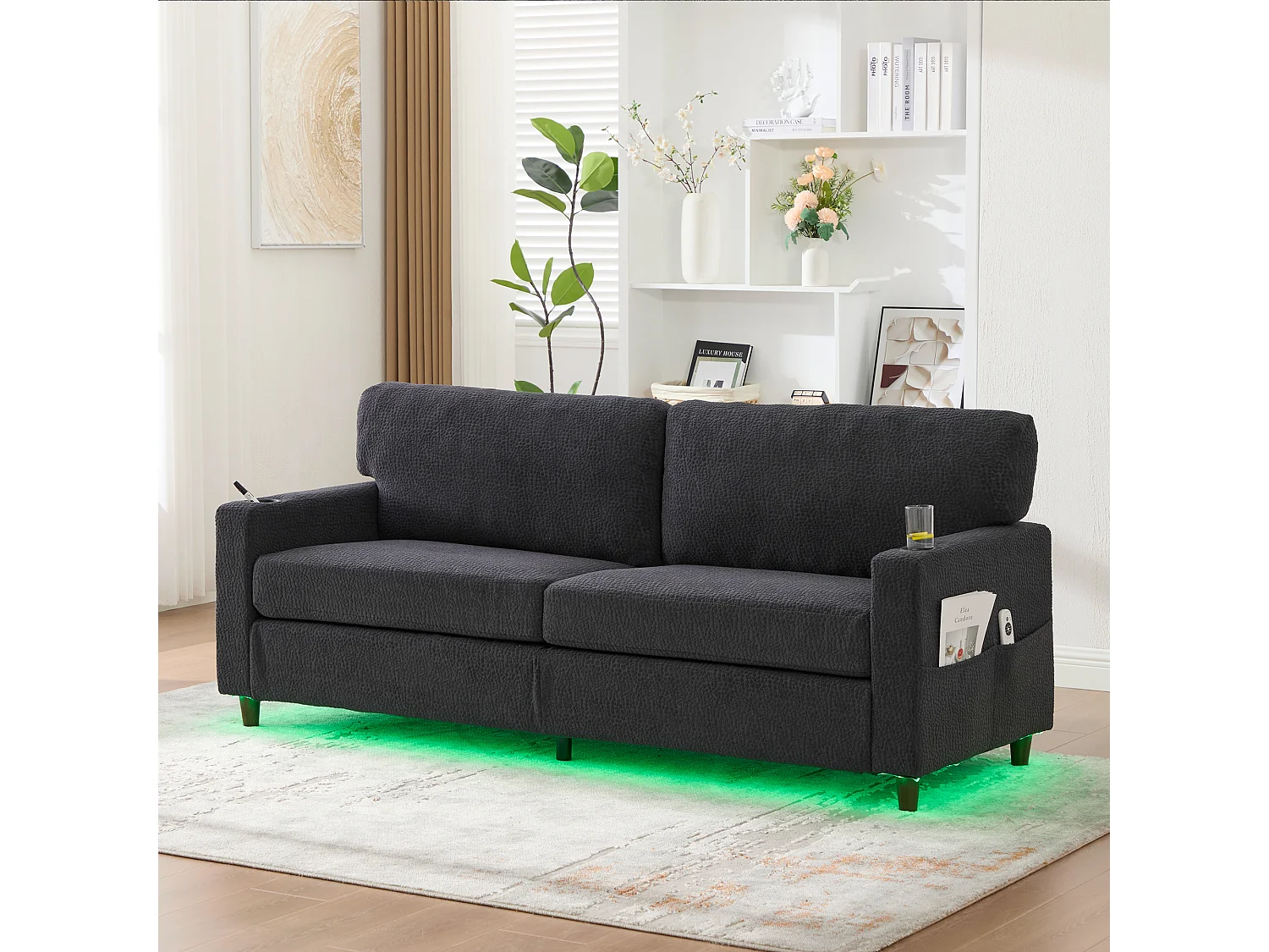 Canapé 2 places avec port USB-C, LED et poches latérales - Tissu chenille - Gris foncé