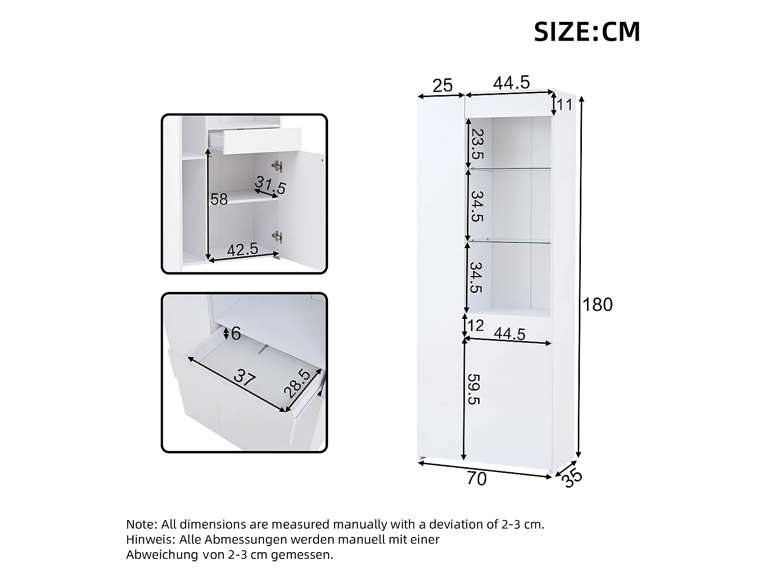 Vitrine avec éclairage LED, tiroir et 2 portes - finition brillante -Blanc