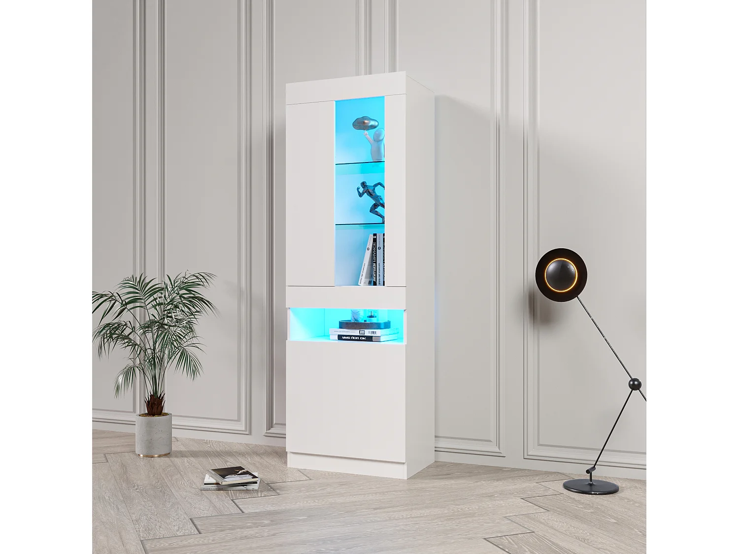 Vitrine avec LEDs à 16 couleurs et 2 portes - Etagères en verre - Blanc