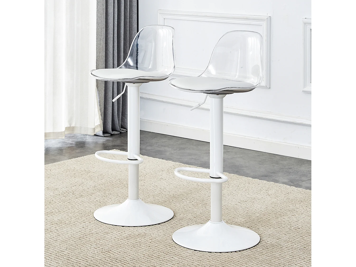 Lot de 2 tabourets de bar avec dossiers transparents - Hauteur réglable - Pieds en métal blanc