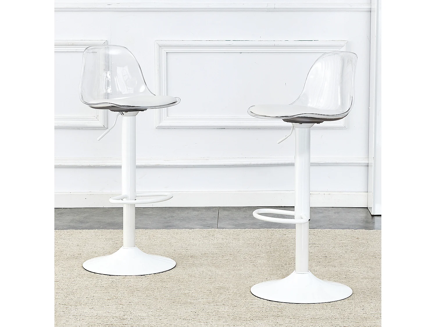 Lot de 2 tabourets de bar avec dossiers transparents - Hauteur réglable - Pieds en métal blanc