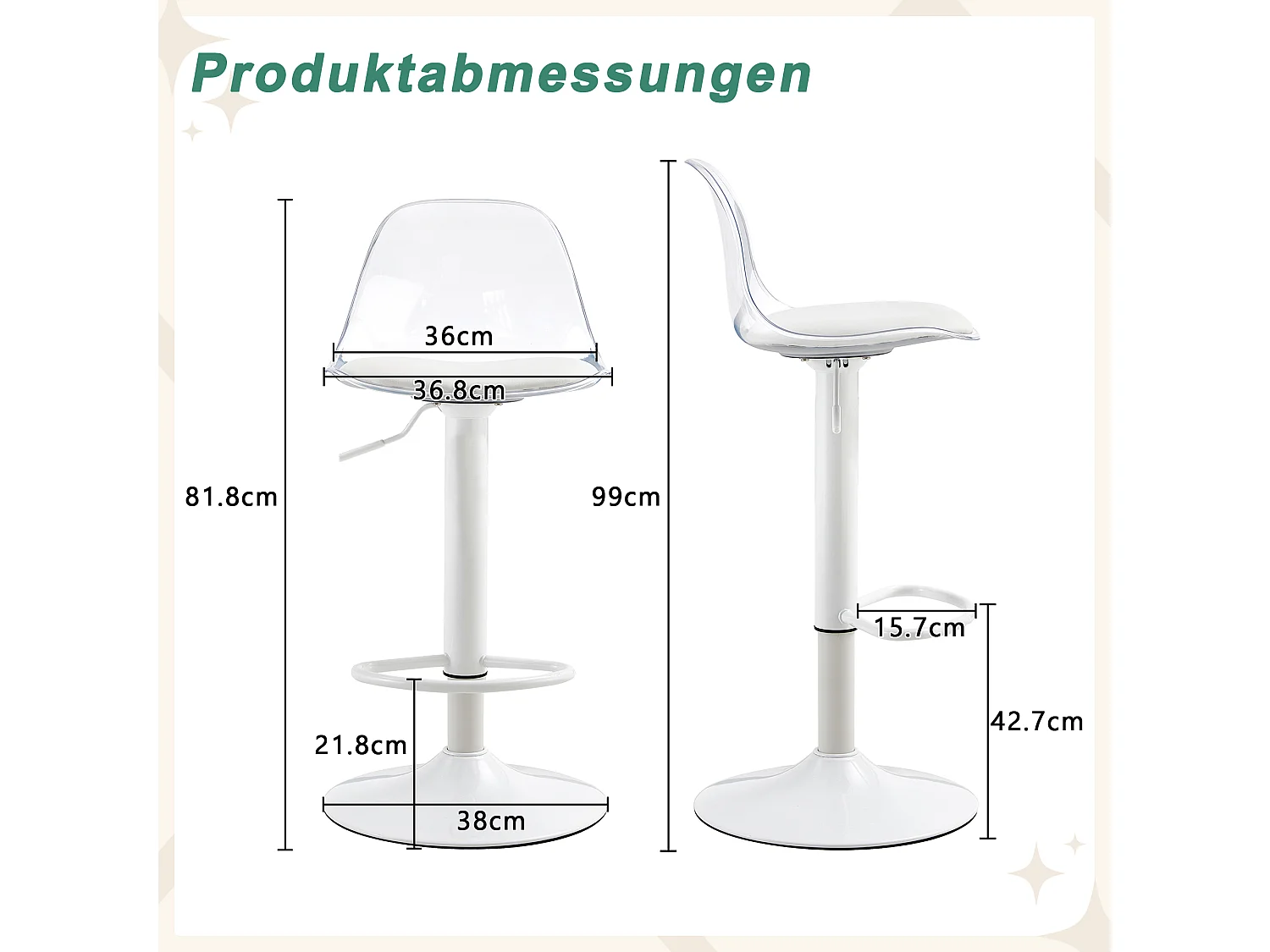 Lot de 2 tabourets de bar avec dossiers transparents - Hauteur réglable - Pieds en métal blanc