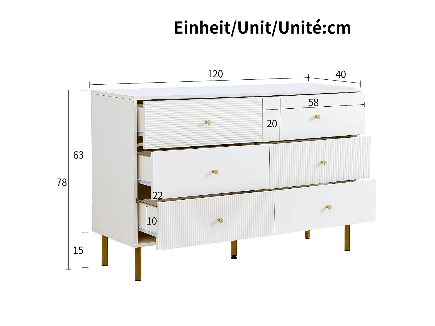 Commode avec 6 tiroirs , pieds en métal doré - MDF blanc