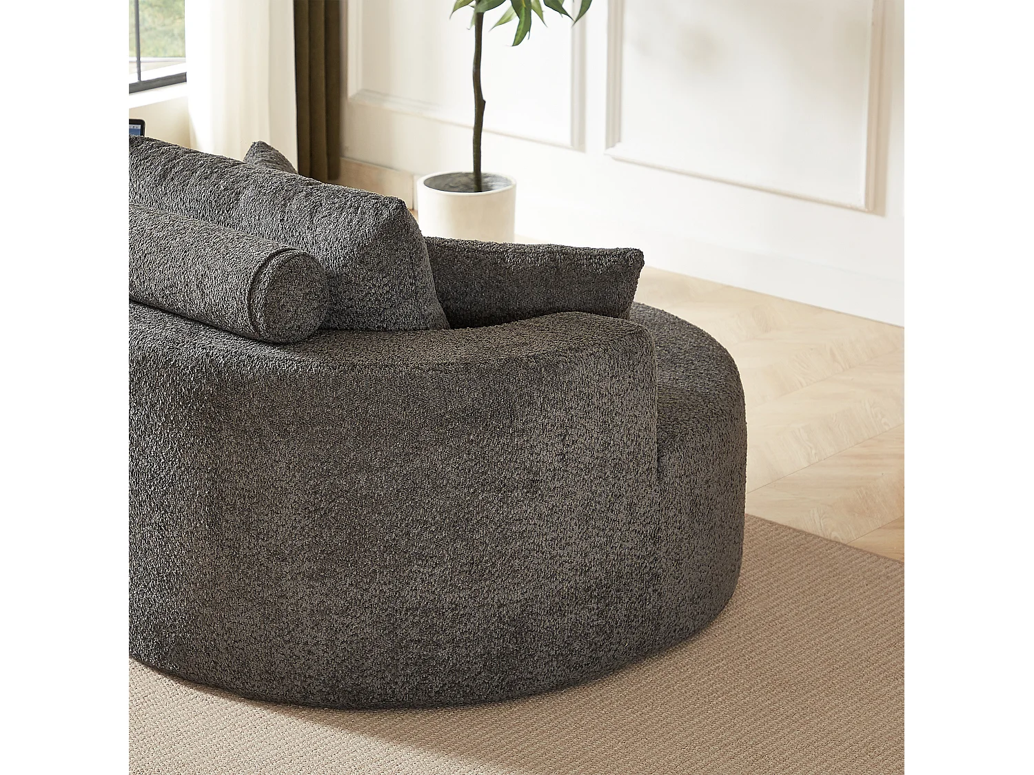 Fauteuil met lendensteun en hoofdsteun, grijze chenillestof