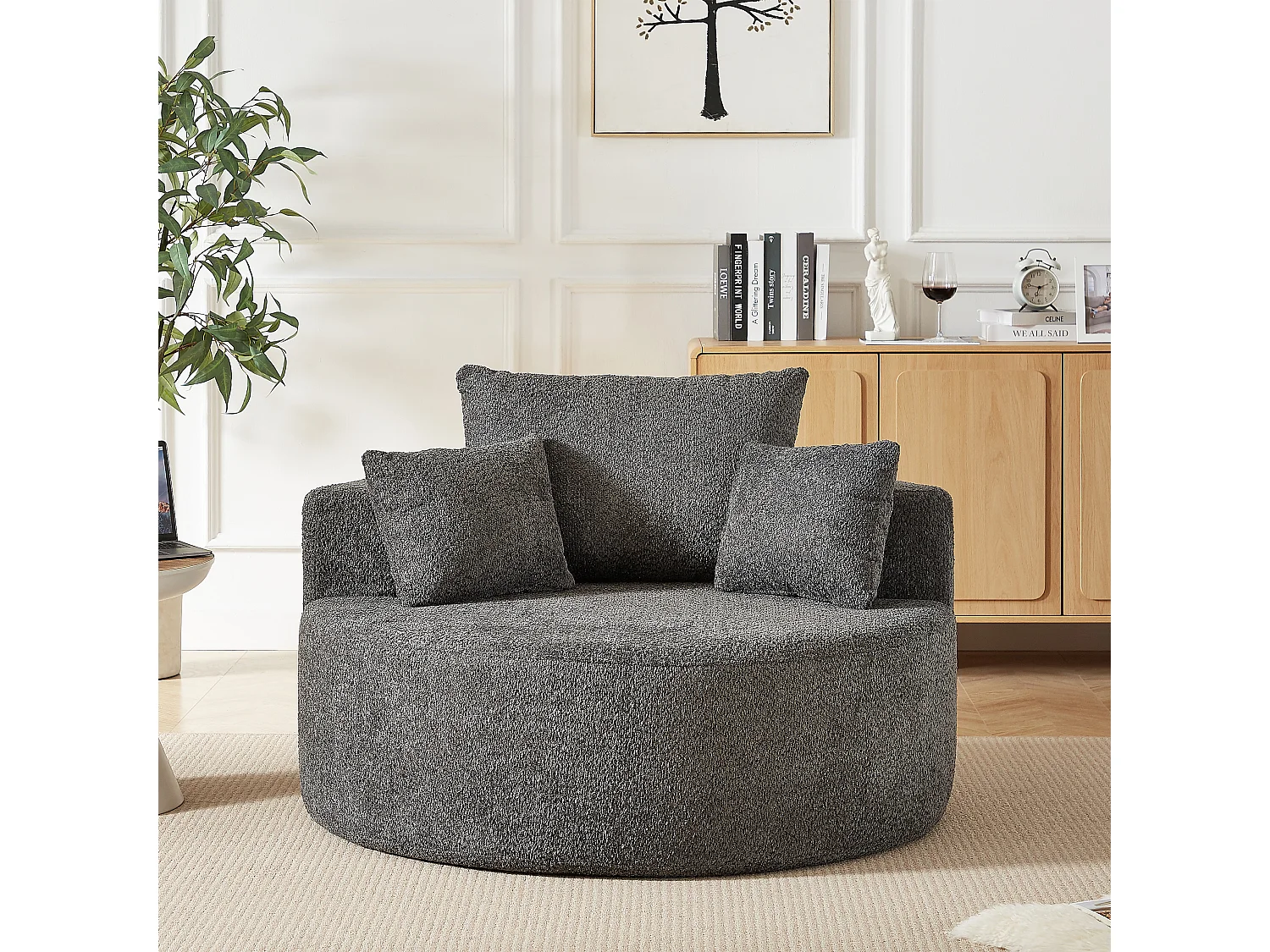 Fauteuil avec soutien lombaire et appui-tête, tissu chenille gris