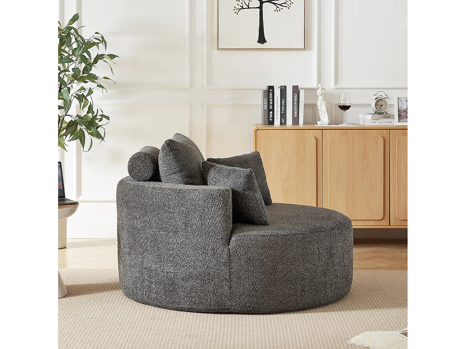 Fauteuil avec soutien lombaire et appui-tête, tissu chenille gris