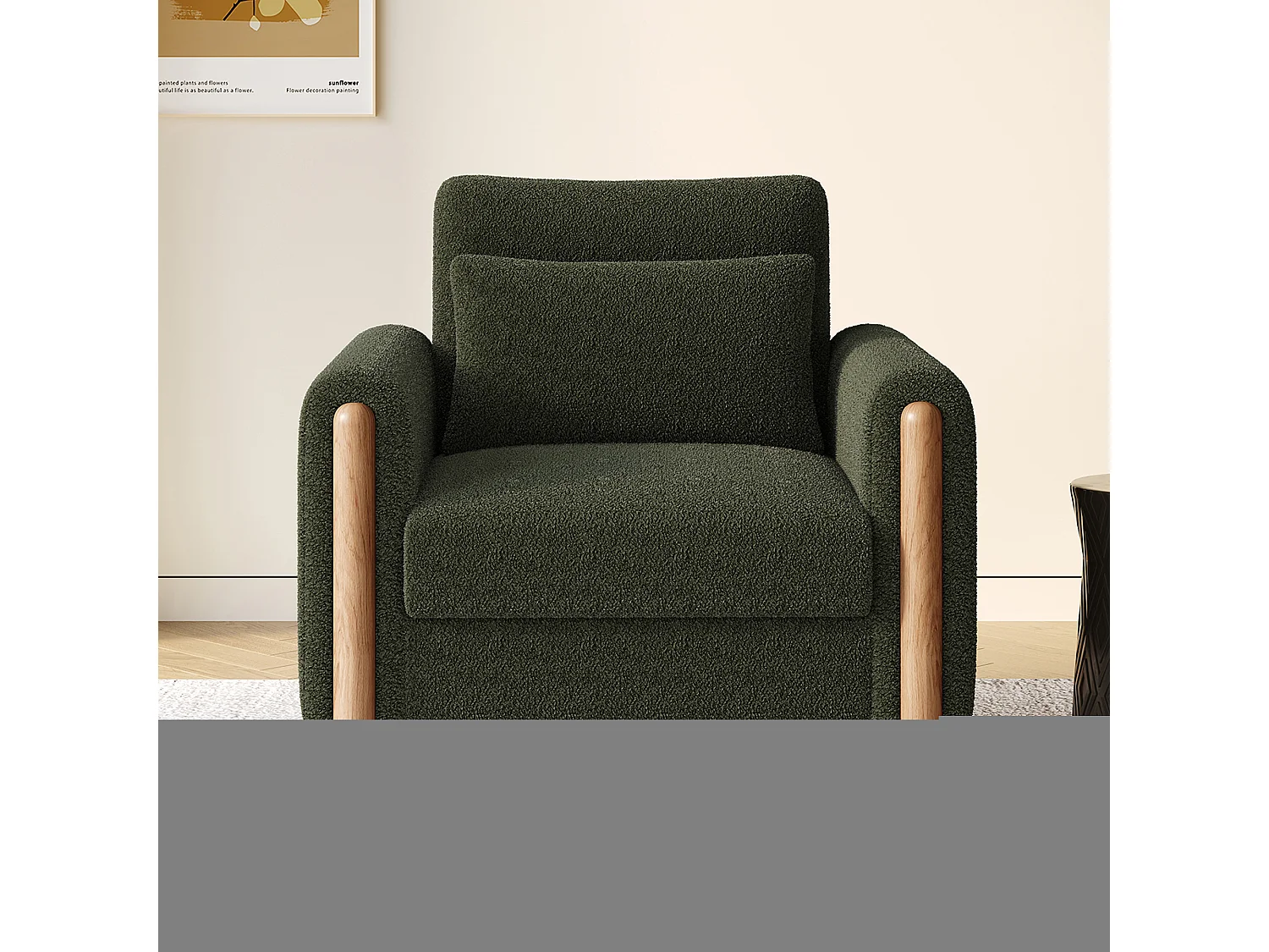 Poltrona con supporto lombare, struttura in legno, tessuto Teddy, verde