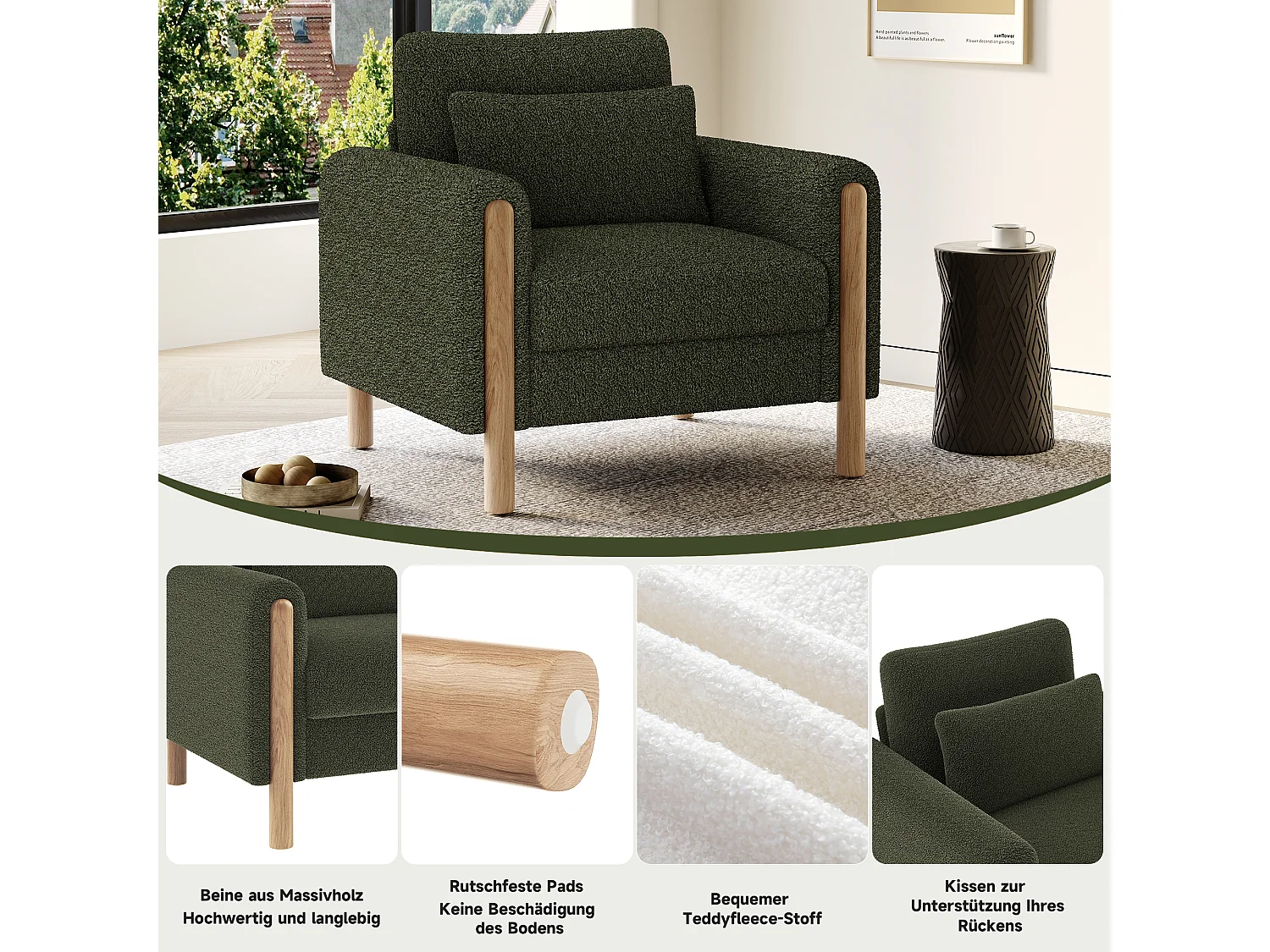 Fauteuil avec soutien lombaire, structure en bois, tissu Teddy, vert