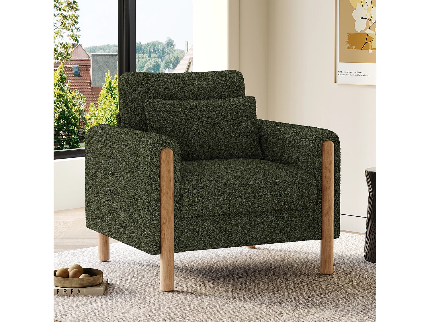 Fauteuil avec soutien lombaire, structure en bois, tissu Teddy, vert