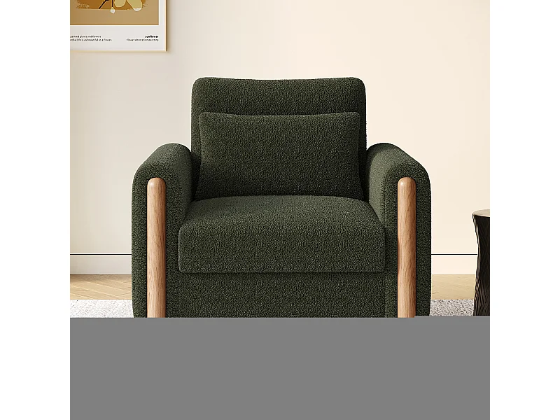 Fauteuil met lendensteun, houten frame, Teddy stof, groen