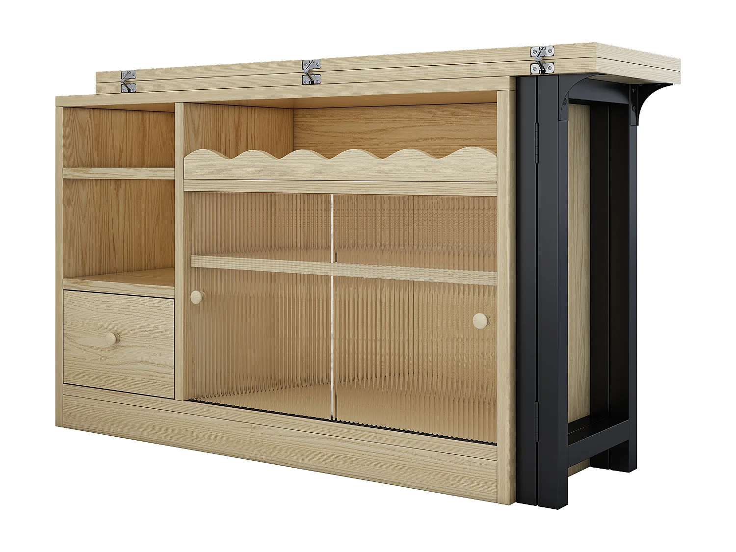 Mesa de bar extensível e rebatível, mesa de jantar com gaveta e 2 portas de vidro deslizantes, cor natural.