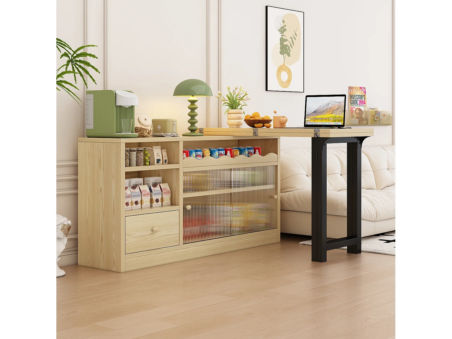 Mesa de bar extensível e rebatível, mesa de jantar com gaveta e 2 portas de vidro deslizantes, cor natural.