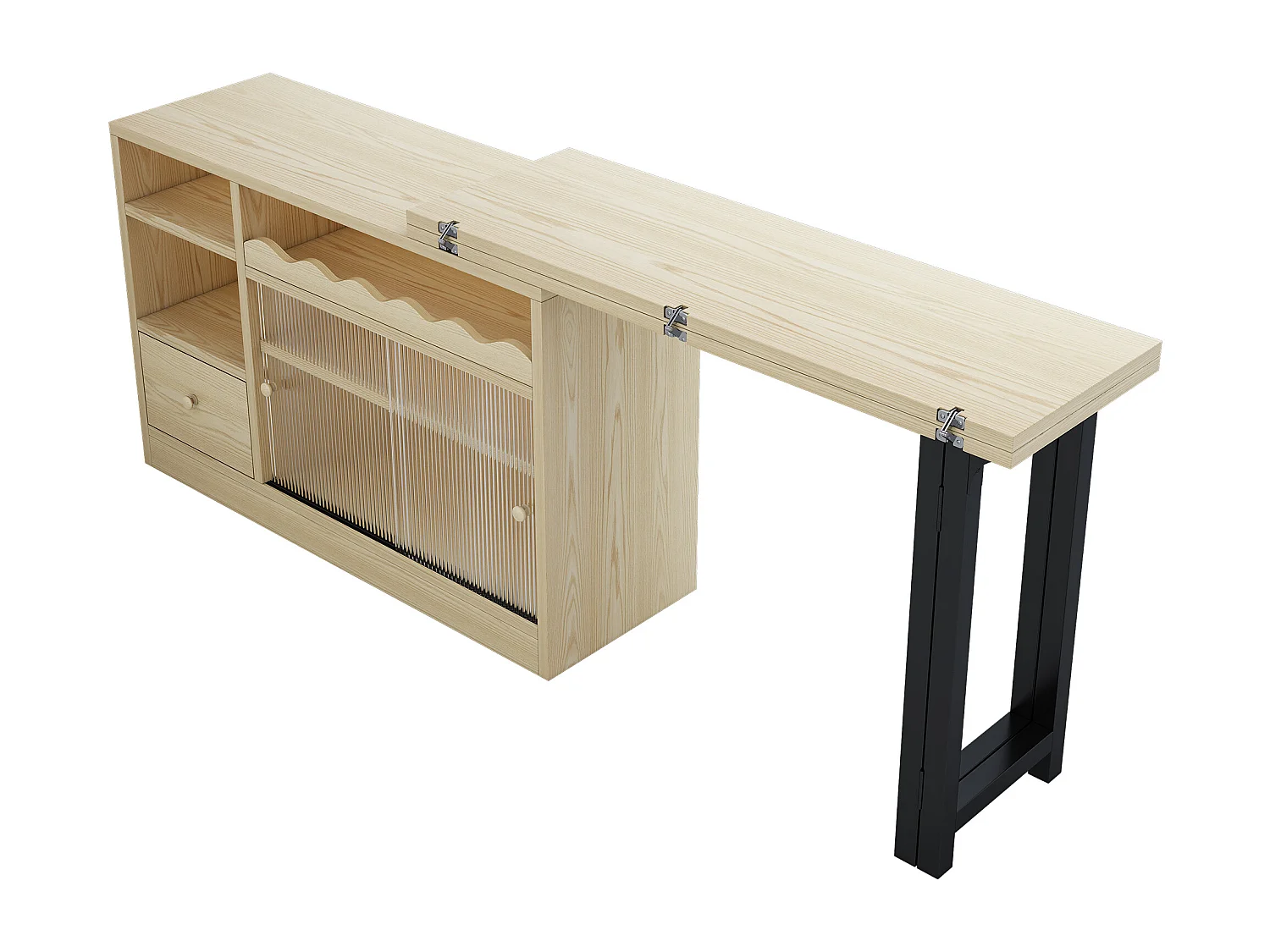 Table de bar extensible et pliable , table à manger avec tiroir et 2 portes coulissantes en verre, naturel