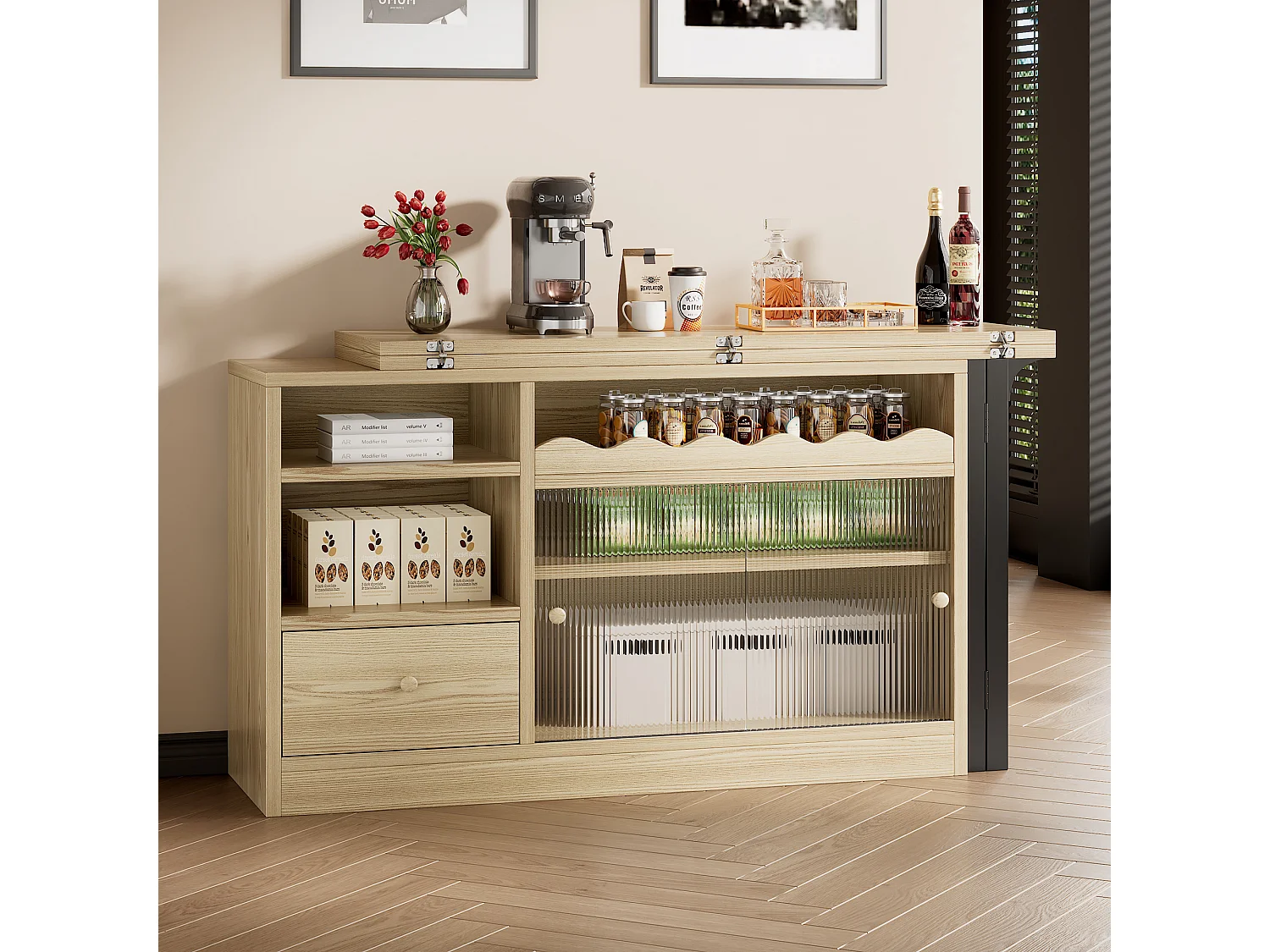 Table de bar extensible et pliable , table à manger avec tiroir et 2 portes coulissantes en verre, naturel