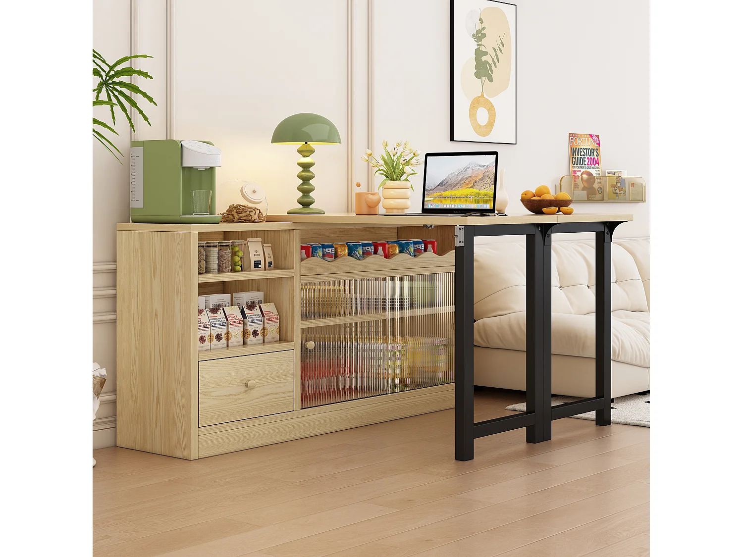 Table de bar extensible et pliable , table à manger avec tiroir et 2 portes coulissantes en verre, naturel
