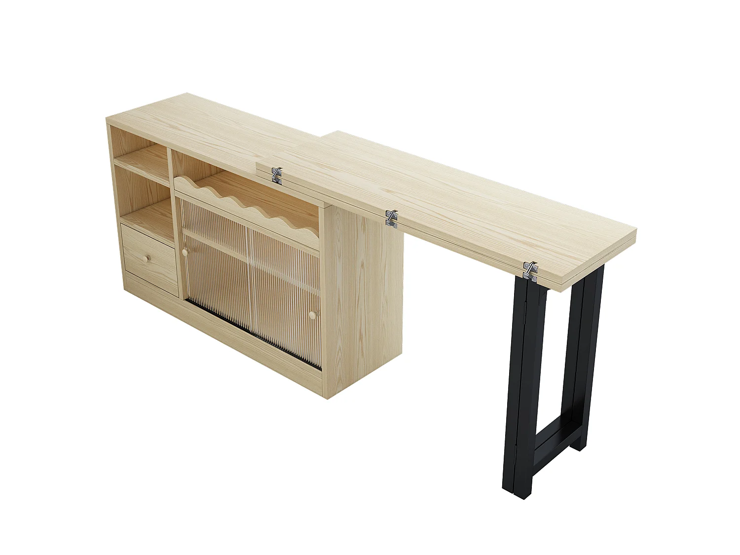 Table de bar extensible et pliable , table à manger avec tiroir et 2 portes coulissantes en verre, naturel