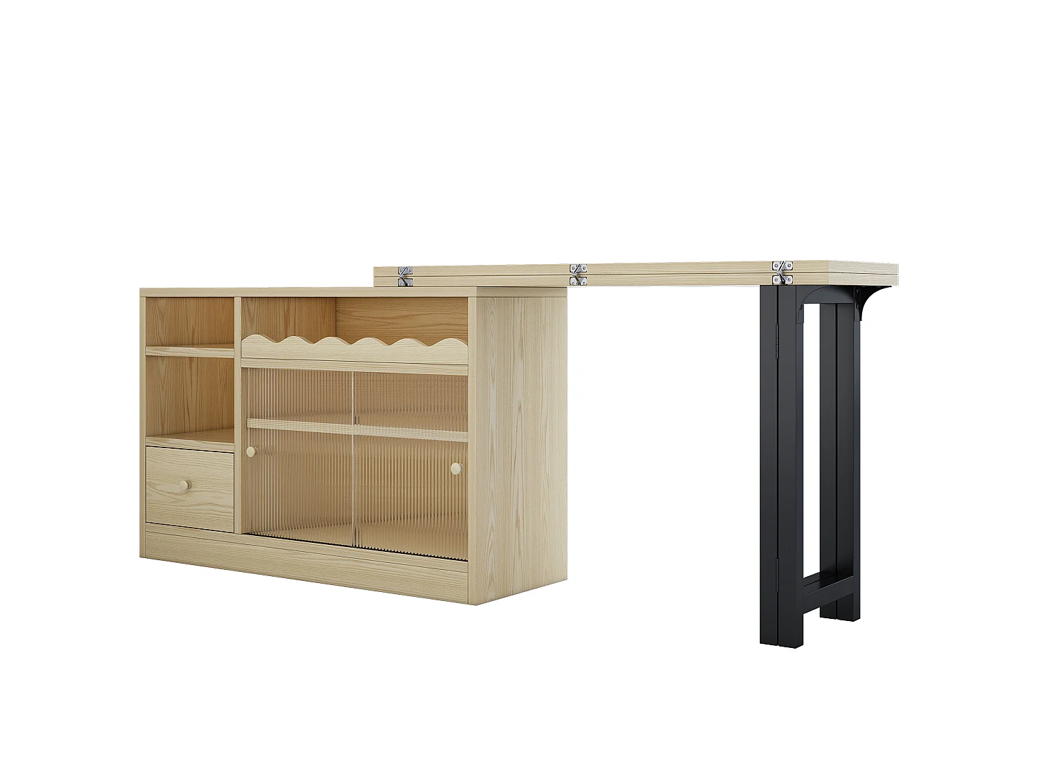 Table de bar extensible et pliable , table à manger avec tiroir et 2 portes coulissantes en verre, naturel