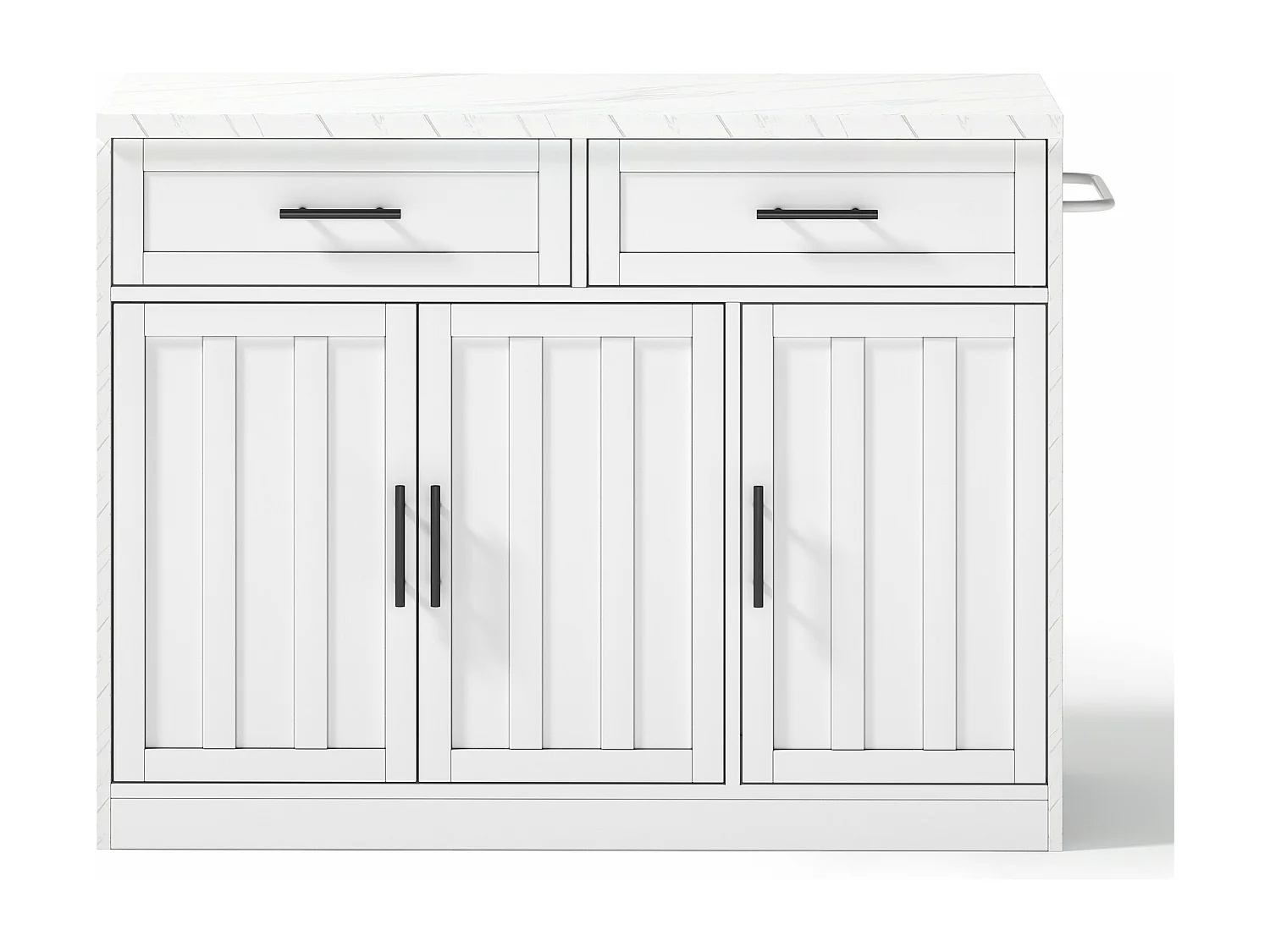 Isla de cocina con 3 puertas, 2 cajones y puerto USB - Efecto mármol blanco