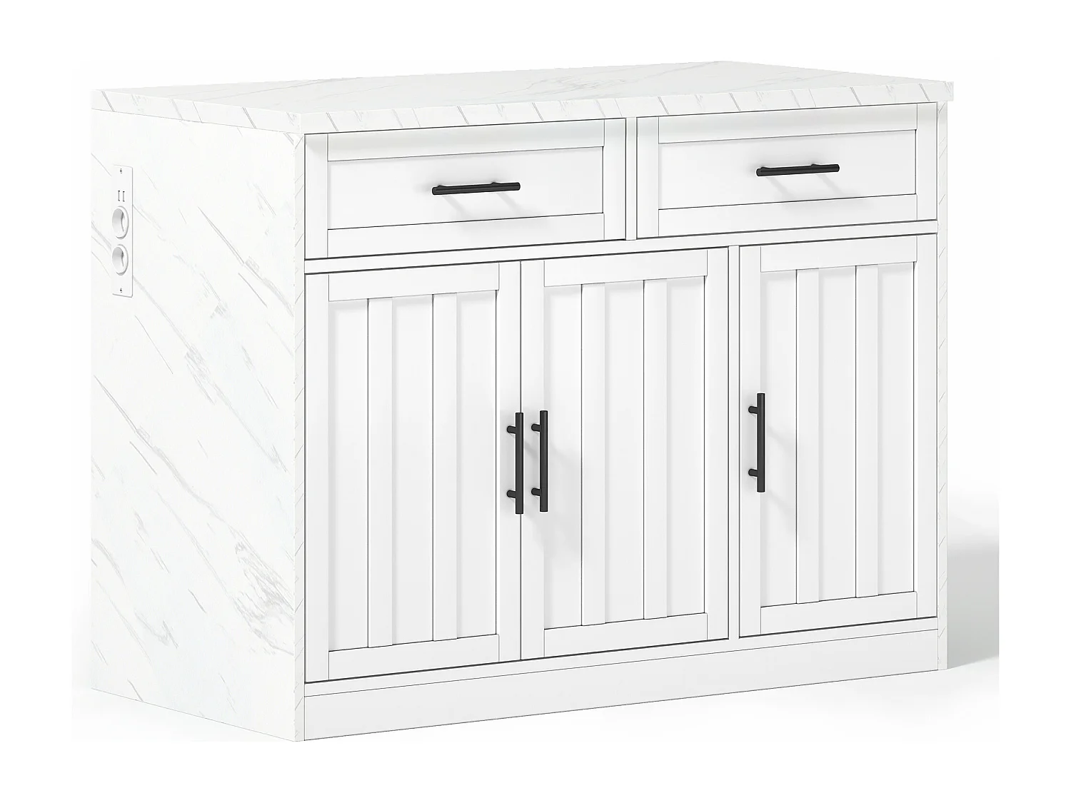 Isla de cocina con 3 puertas, 2 cajones y puerto USB - Efecto mármol blanco