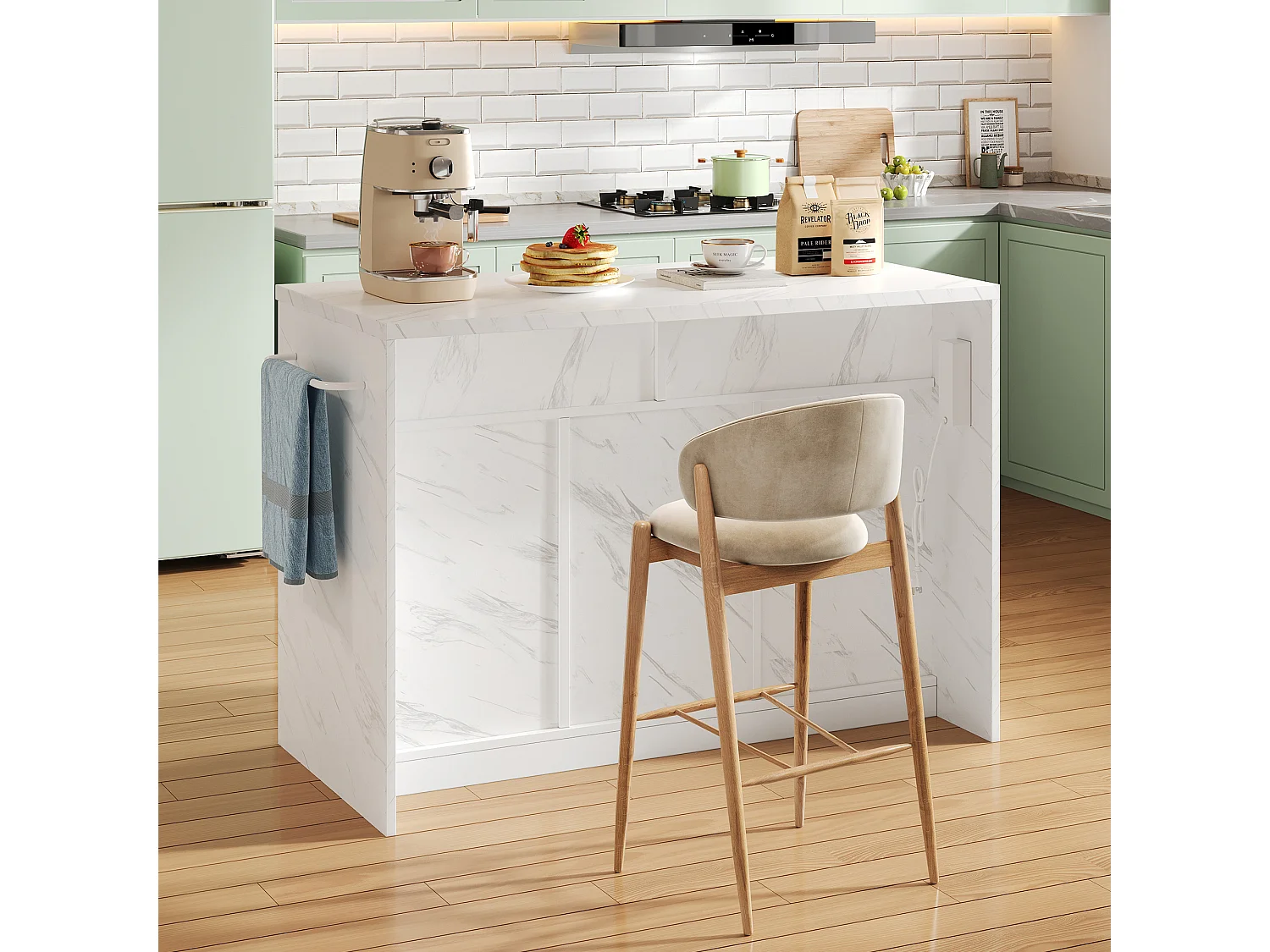 Isla de cocina con 3 puertas, 2 cajones y puerto USB - Efecto mármol blanco