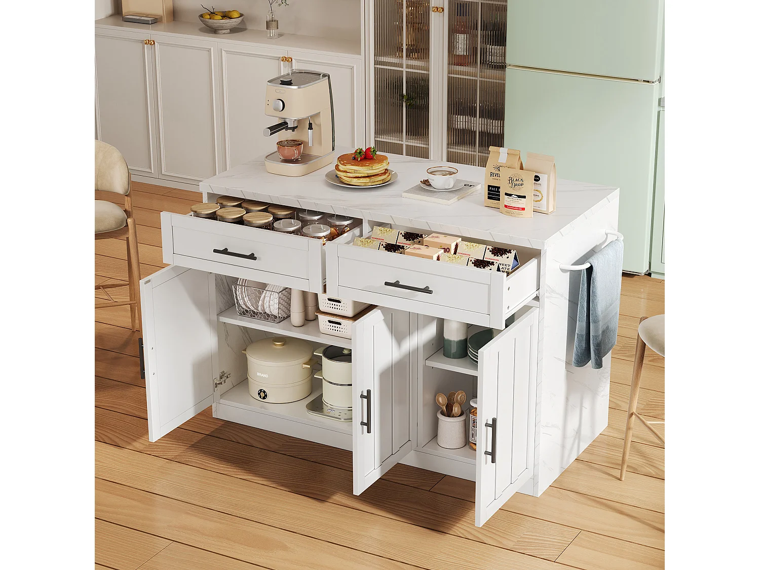 Îlot central de cuisine avec 3 portes ,2 tiroir et USB - Effet marbre blanc