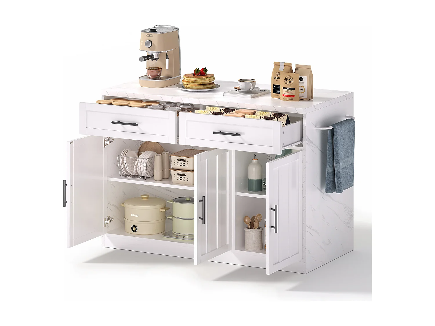 Îlot central de cuisine avec 3 portes ,2 tiroir et USB - Effet marbre blanc