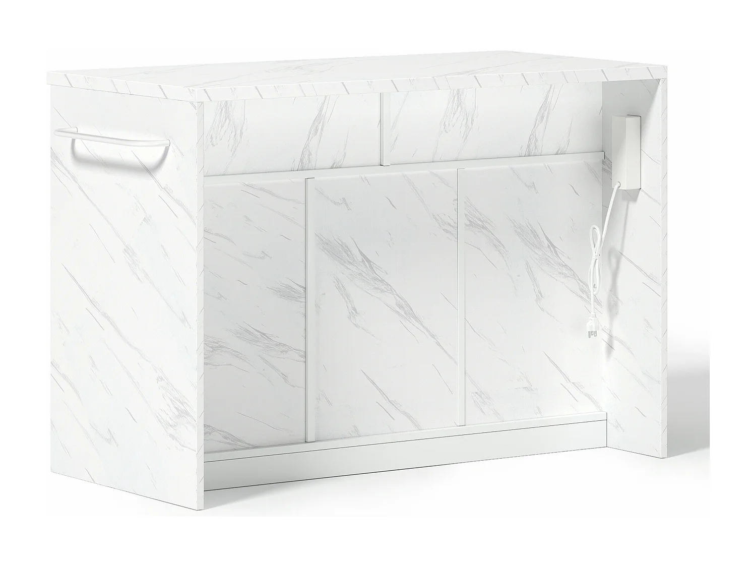 Îlot central de cuisine avec 3 portes ,2 tiroir et USB - Effet marbre blanc