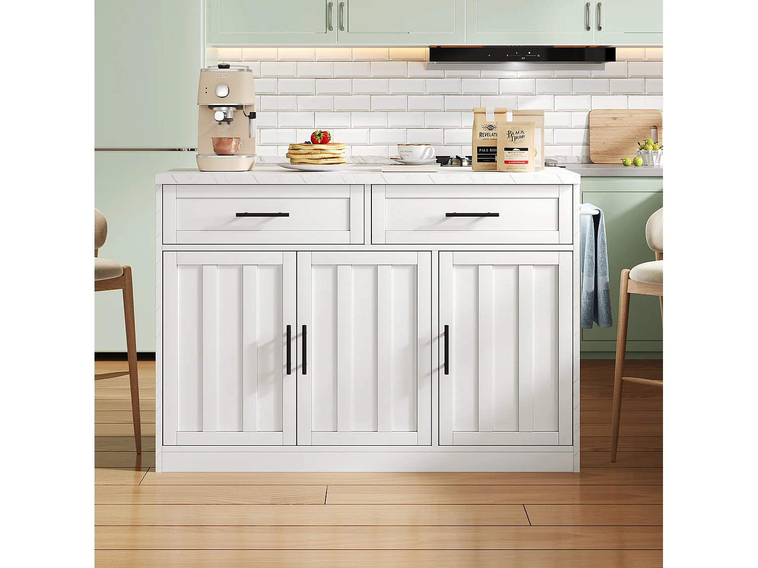 Îlot central de cuisine avec 3 portes ,2 tiroir et USB - Effet marbre blanc
