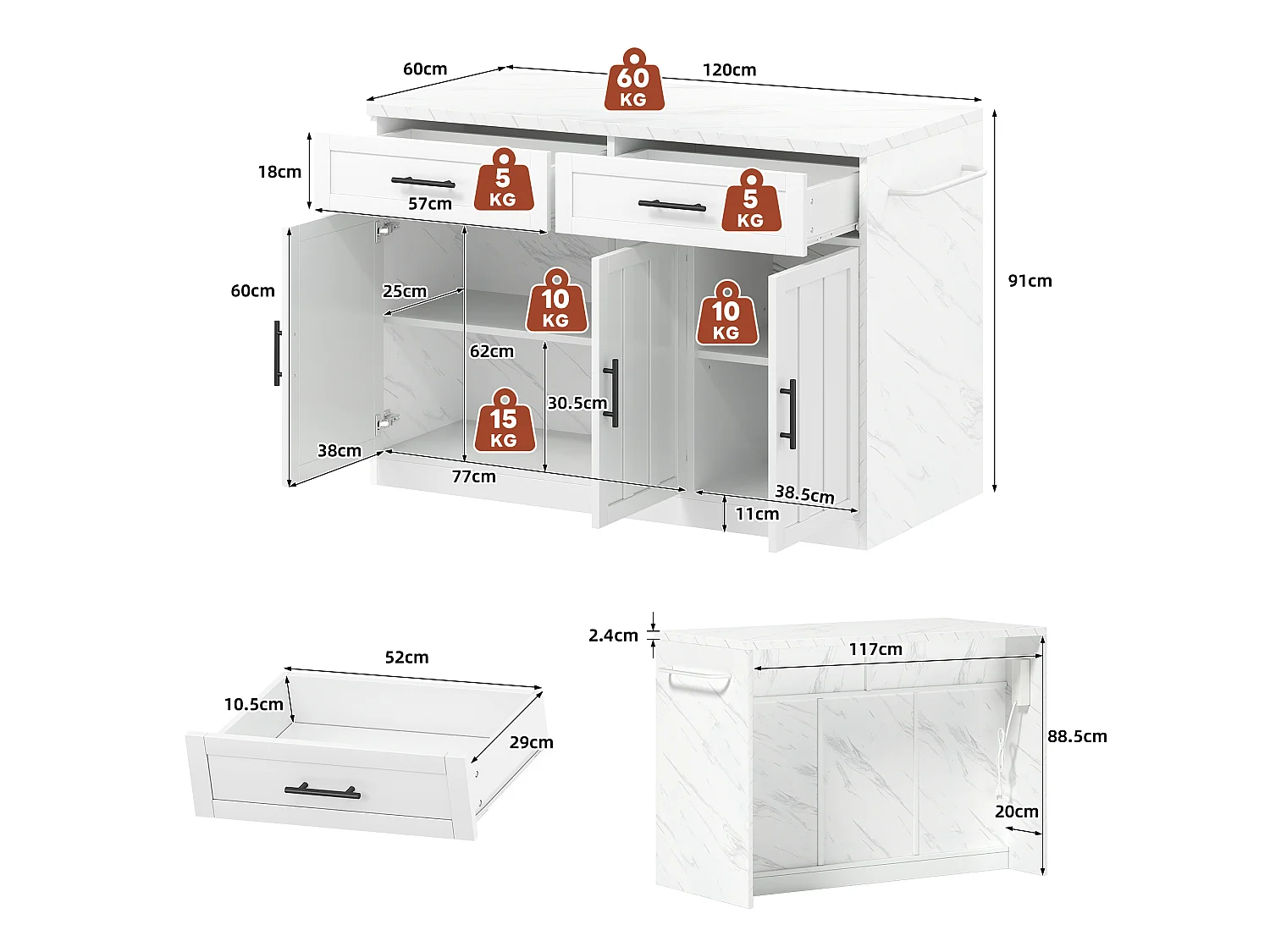 Îlot central de cuisine avec 3 portes ,2 tiroir et USB - Effet marbre blanc